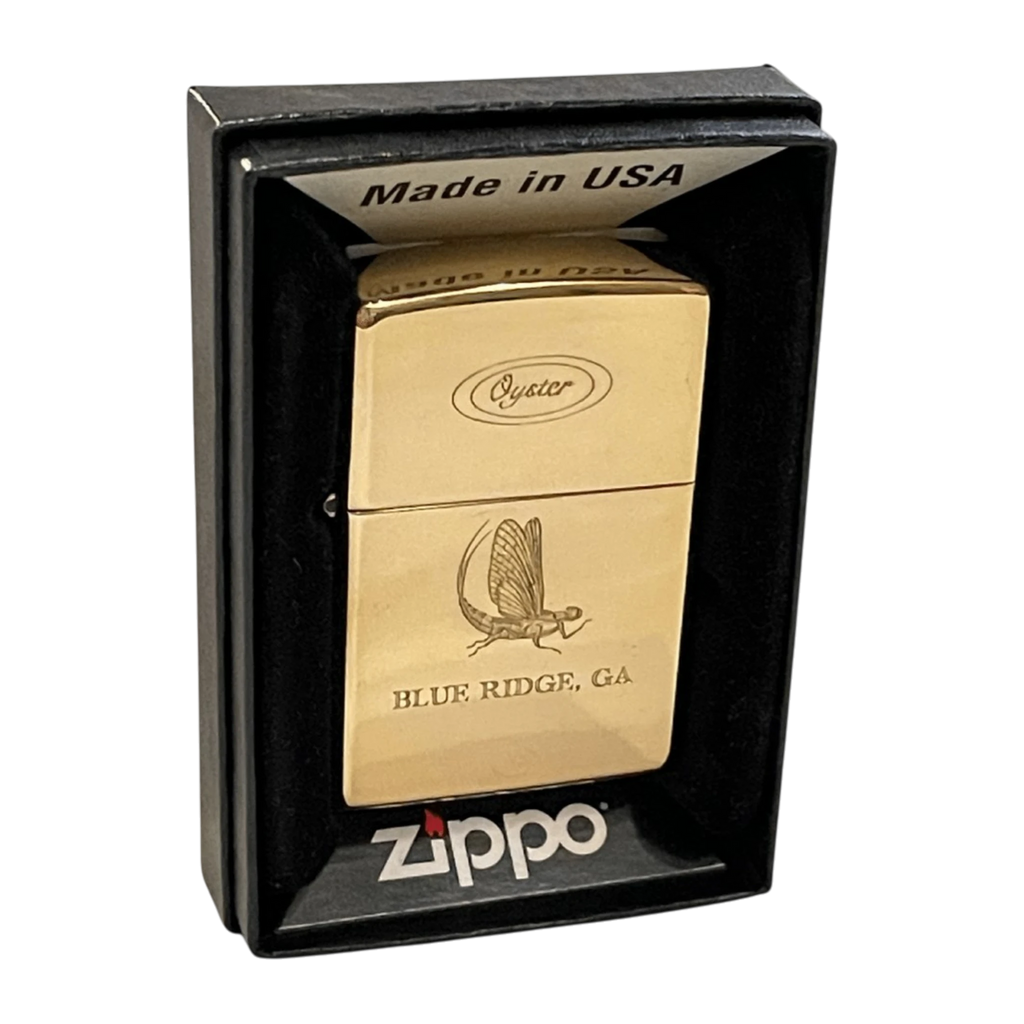 Hand engraved Mayfly with Oyster logo on classic Zippo