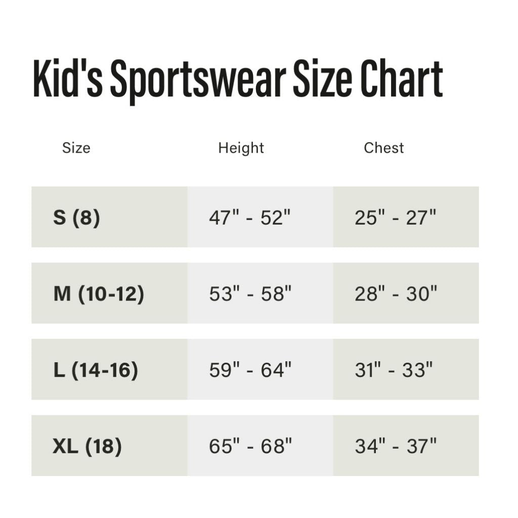 Kid's Sportswear Size Chart.