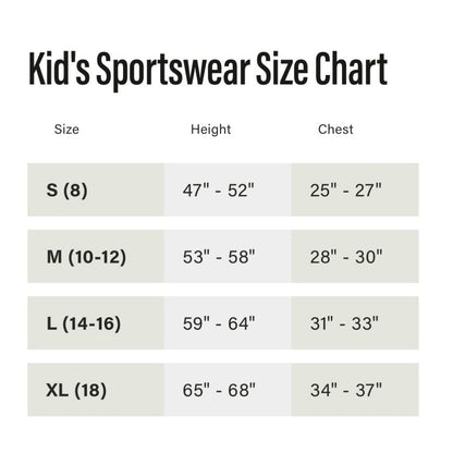 Kid's Sportswear Size Chart.