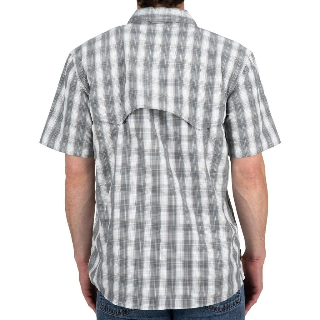 Simms Big Sky Short Sleeve Shirt in steel/pool plaid back with storm shield. 