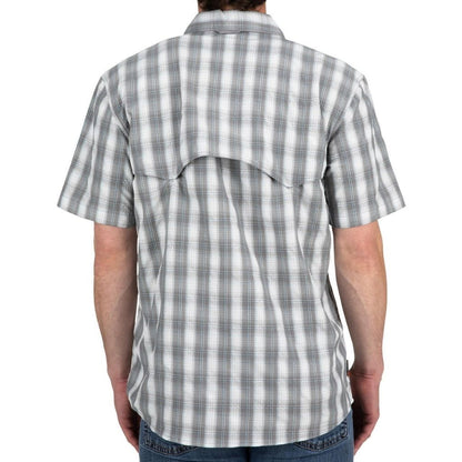 Simms Big Sky Short Sleeve Shirt in steel/pool plaid back with storm shield. 