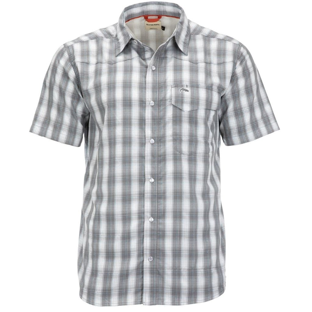 Simms Big Sky Short Sleeve Shirt in steel/pool plaid.
