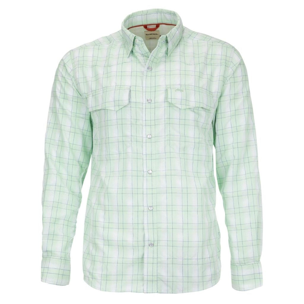 Simms Big sky long sleeve light green/nightfall plaid shirt sold at oyster bamboo fly rods