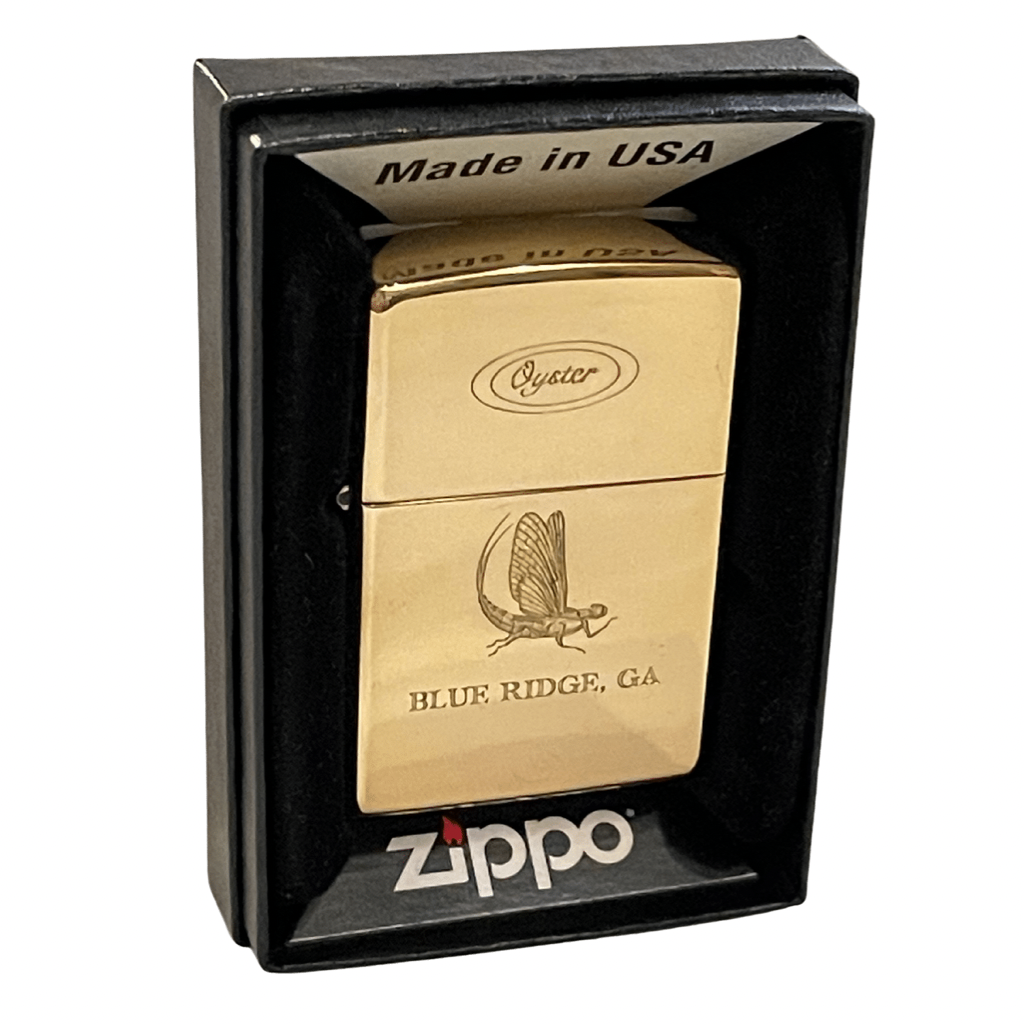 Hand engraved Mayfly with Oyster logo on classic Zippo