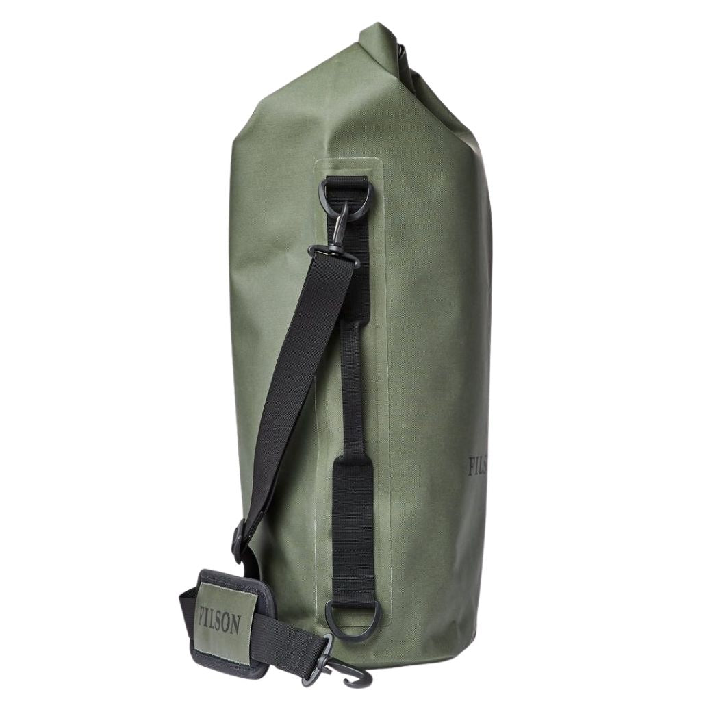 side view of filson large dry bag at oyster bamboo fly rods