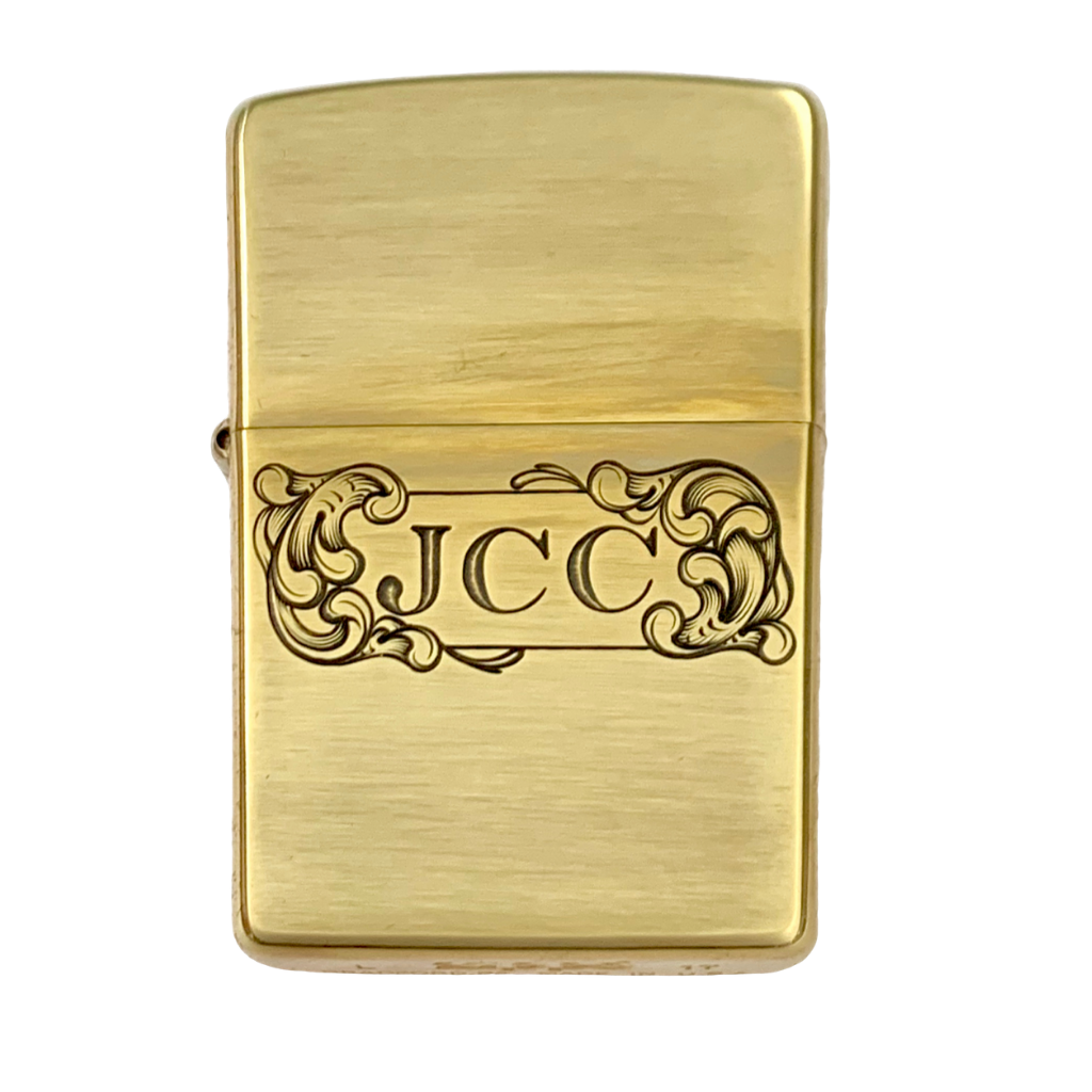 hand engraved initials by Bill Oyster on zippo