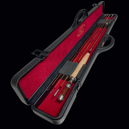 Handcrafted bamboo fly rod 8' 4wt in black ABS carry and display case with red padding. 