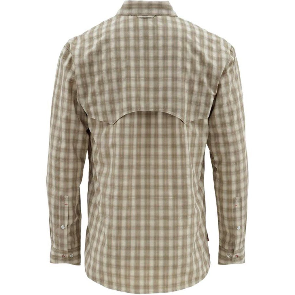 Simms Big Sky Long Sleeve Shirt in canteen plaid featuring storm shield.