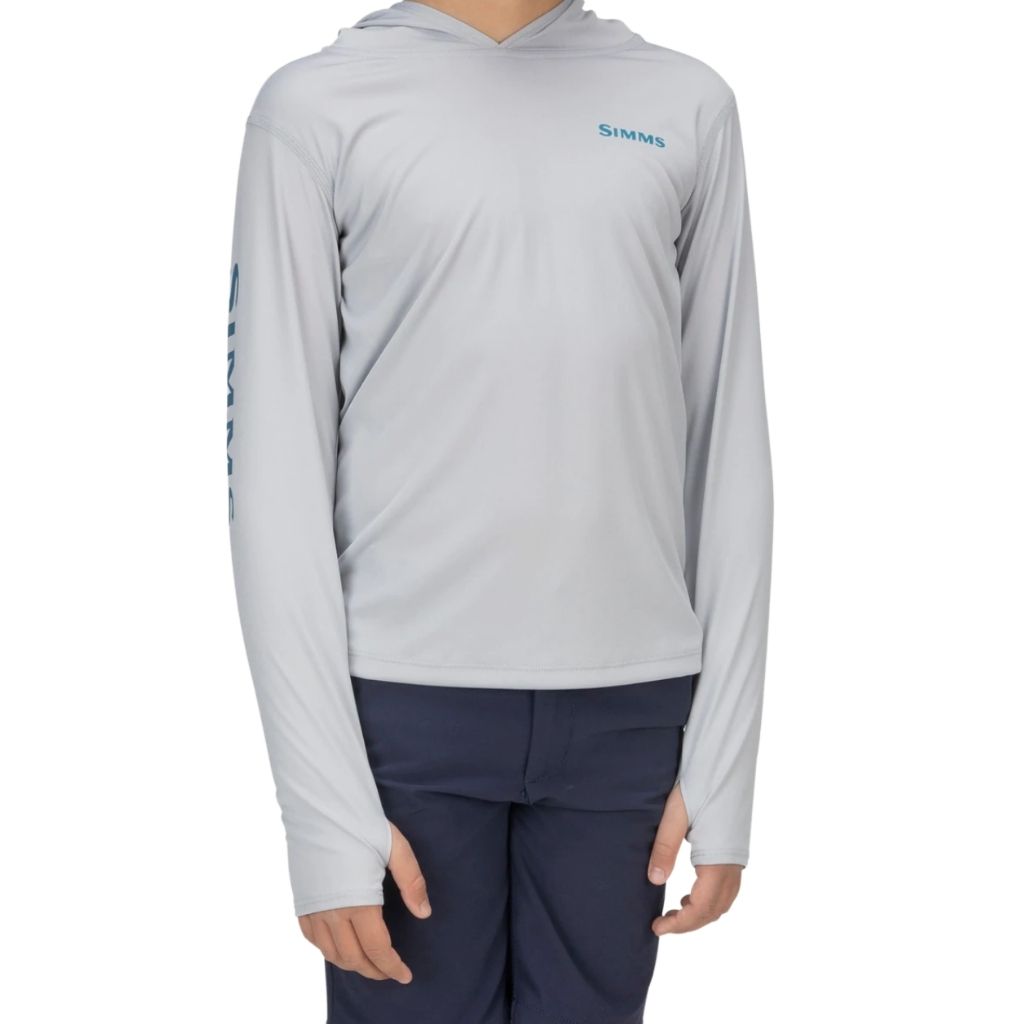 Simms Kid's Solar Tech Hoody in sterling featuring thumb holes. 