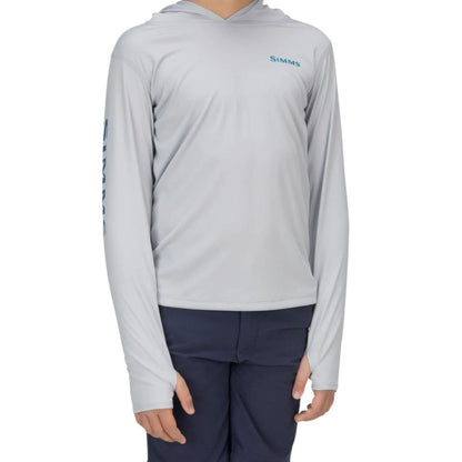 Simms Kid's Solar Tech Hoody in sterling featuring thumb holes. 